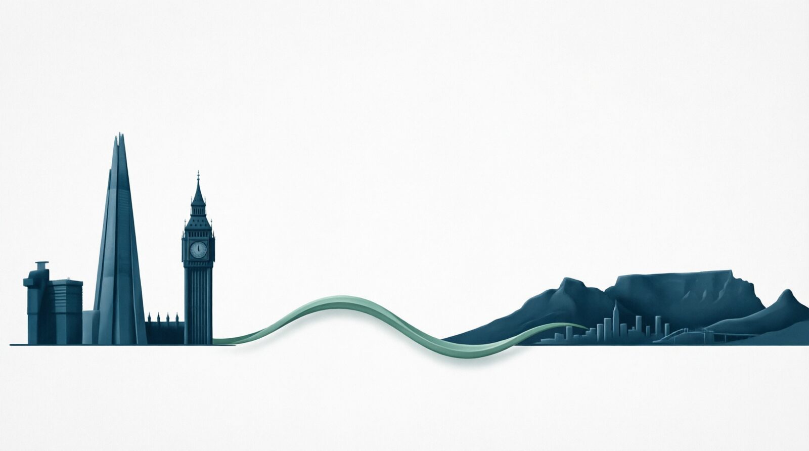 Illustration linking London landmarks to a South African city beneath Table Mountain across an ocean wave — the TwoOceans EOR connection between the UK and South Africa.